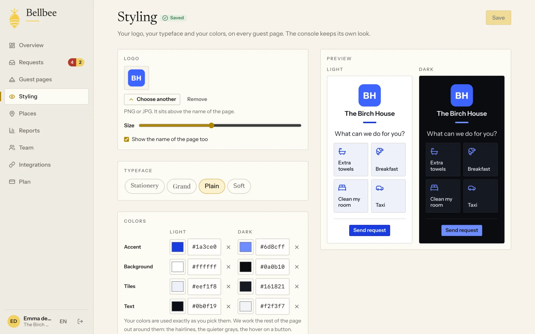 The Styling page in the console: the logo with a size slider, four typefaces to pick from, the four colors for light and for dark, and two previews of the guest page beside them, one light and one dark.