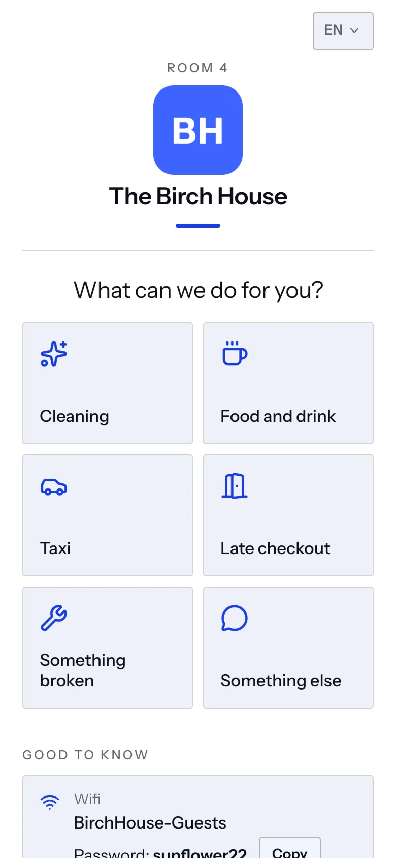 A guest page for room 4 in white, with a blue app badge above the name, a plain sans-serif and pale blue tiles.