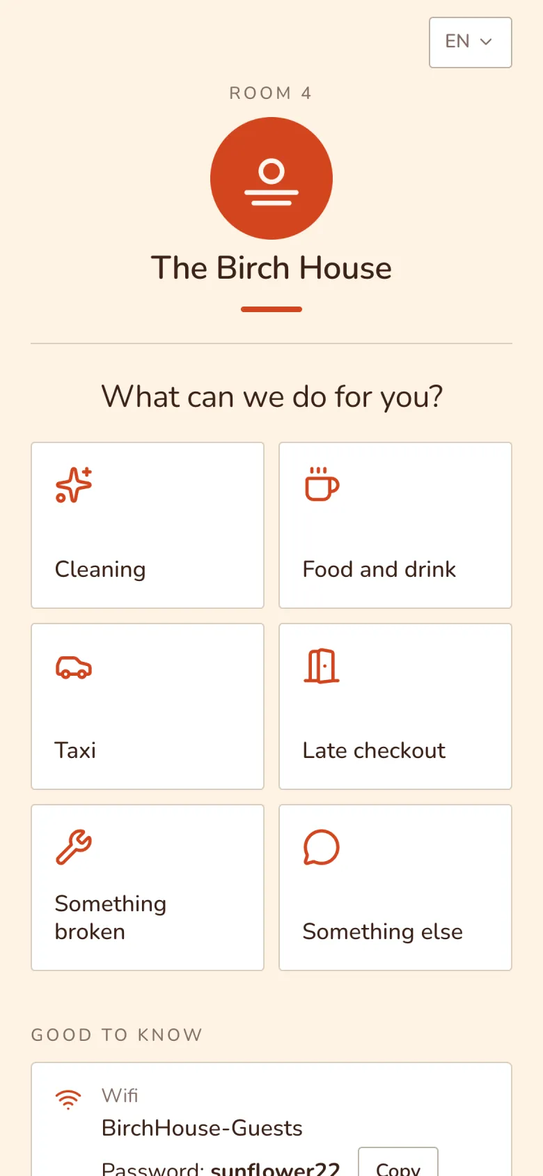 The same guest page on sand-colored paper, with a round coral emblem above the name, a rounded typeface and white tiles.